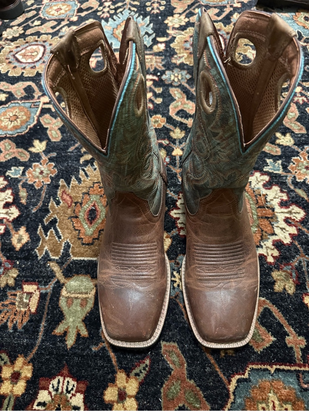 Ariat Brown Leather Western Boots with Teal Stitching